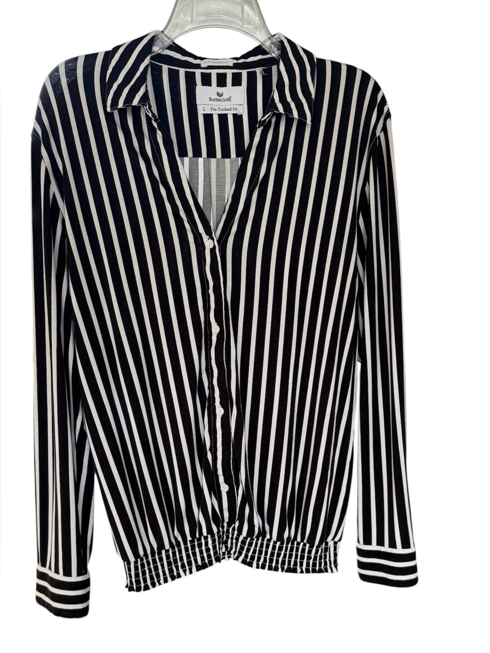 Buttercloth Top Black White Stripes Button Front Pre Tucked Fit Bamboo Cotton L